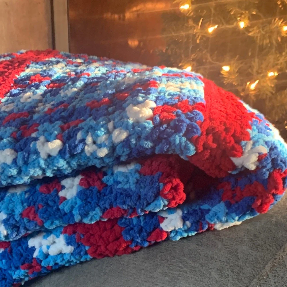 Colorful Red White Blue Handmade Crochet Blanket Afghan Apprx. 50x52 inches - Picture 6 of 16